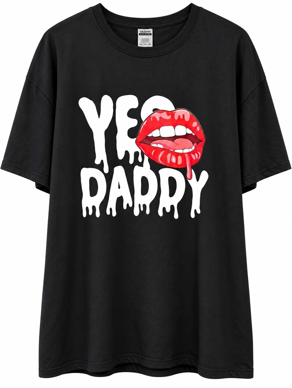 Black Graphic T-Shirt with 'YES DADDY' Lips Print